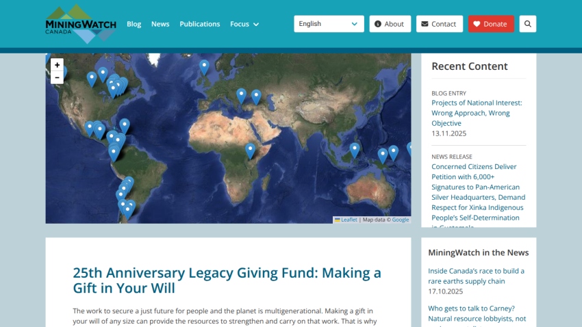 MiningWatch Canada website with navigation, interactive world map of mining sites, and articles on legacy giving and recent news