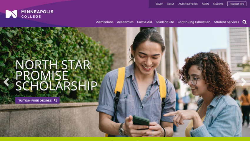 Minneapolis College homepage featuring North Star Promise Scholarship and navigation menu with admissions, academics, and student services.