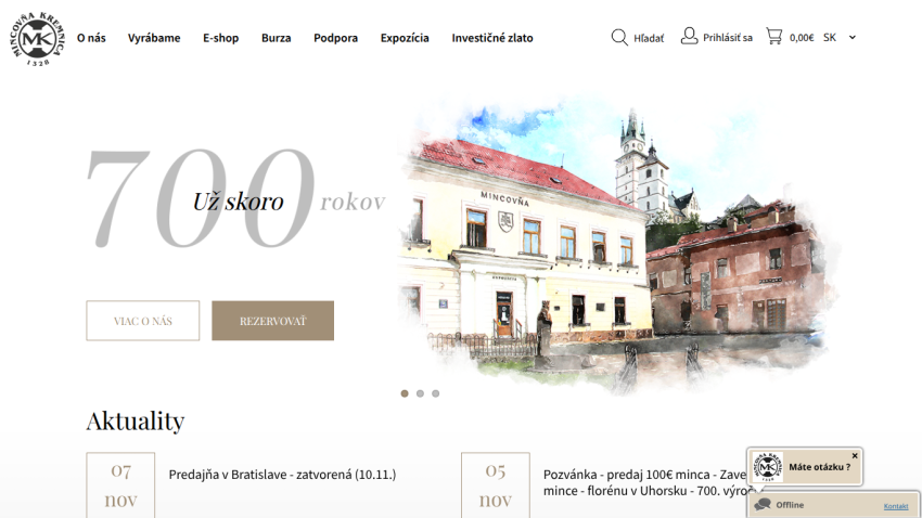 Homepage of Mincovňa Kremnica with navigation menu, hero image of historic building, and news updates