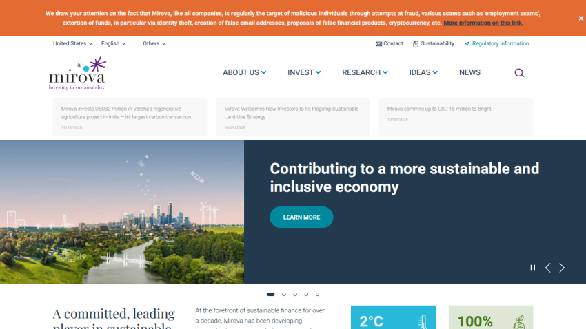 Mirova website with navigation, sustainability news, and hero section promoting a sustainable and inclusive economy