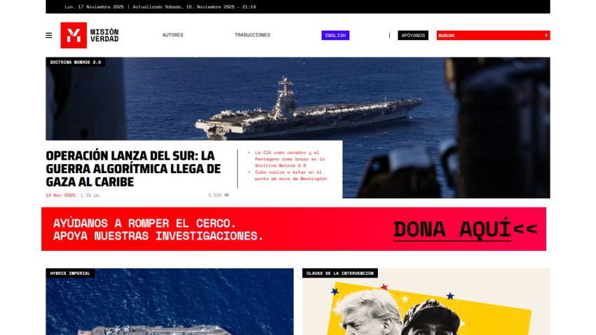 News site Misión Verdad with headline on algorithmic war from Gaza to Caribbean and donation call