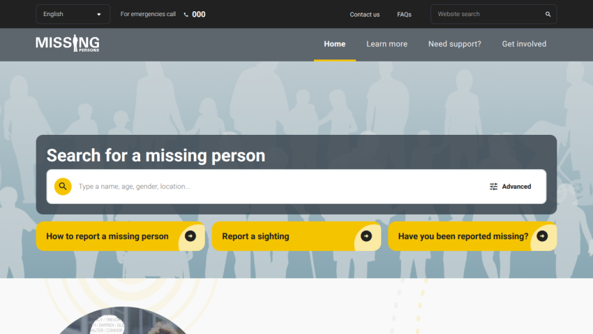 Missing persons website homepage with search bar and options to report a missing person, report a sighting, or check if reported missing.