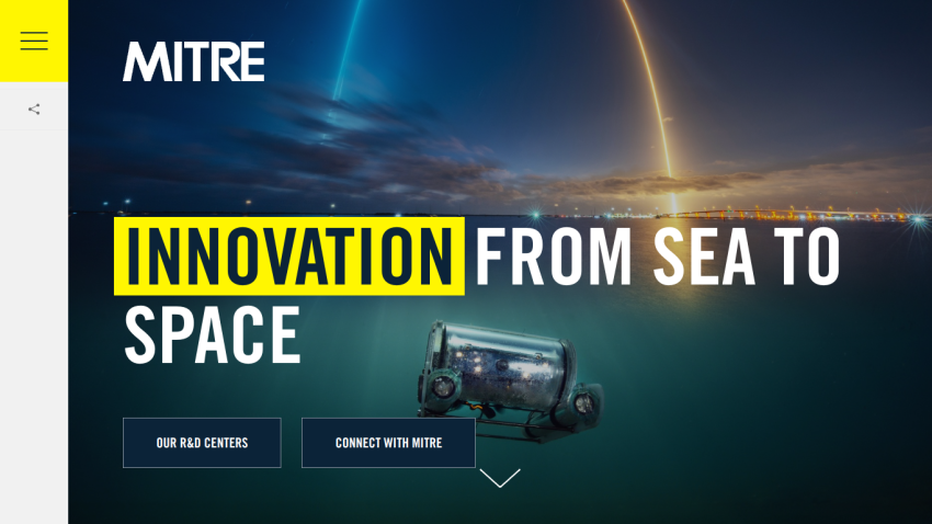 MITRE homepage featuring 'Innovation from Sea to Space' with a call to action button.