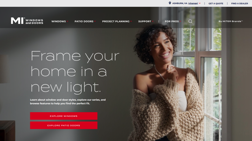 MI Windows and Doors homepage with navigation and hero section promoting window and door styles with call-to-action buttons.