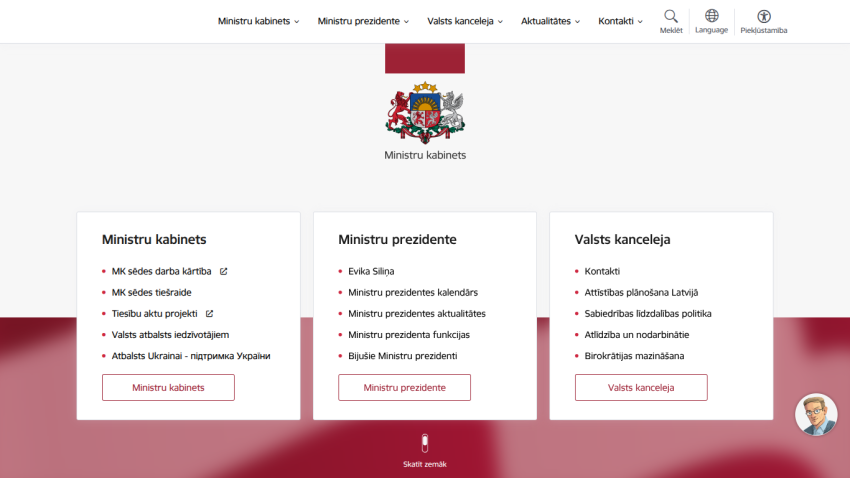 Latvian government site with navigation for Minister Cabinet, President, and State Chancellery sections