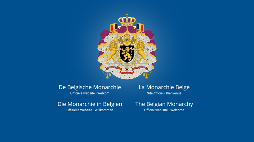 Blue background with the Belgian Monarchy coat of arms and text in four languages identifying the Belgian Monarchy