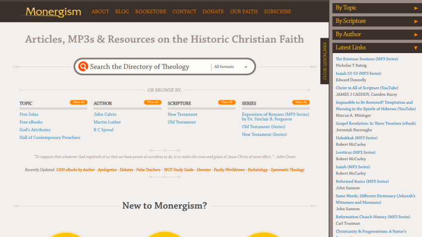 Homepage featuring articles and resources on the Christian faith with a search bar.