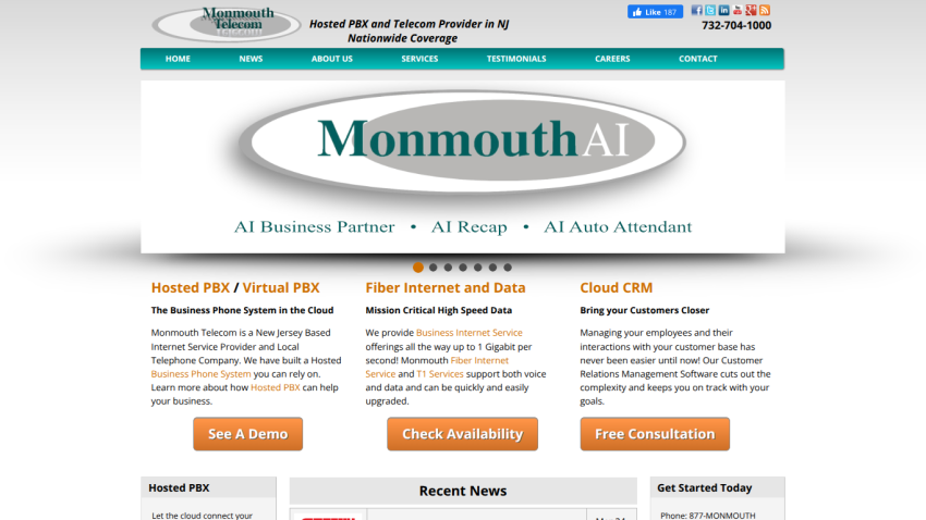 Monmouth AI website featuring services like Hosted PBX, Cloud CRM, and Internet/Data solutions.