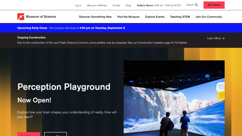 Museum of Science homepage featuring 'Perception Playground' announcement.