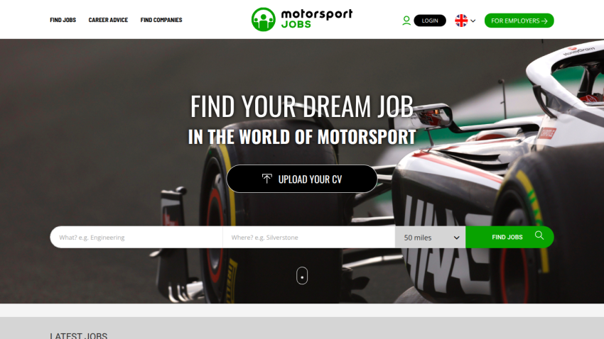 Motorsport Jobs homepage with job search form and racing car image in hero section