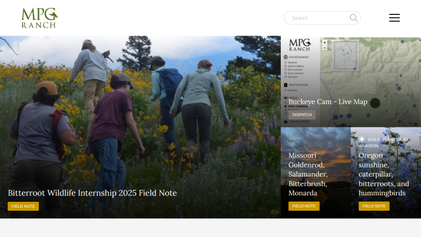 MPG Ranch website showing wildlife internship field note, live map, and field notes on Missouri and Oregon ecosystems