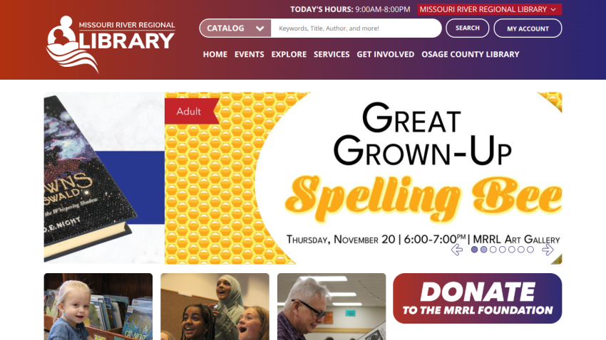 Missouri River Regional Library homepage with navigation, search bar, event promotion for Teen Book Bedazzling, and donate button