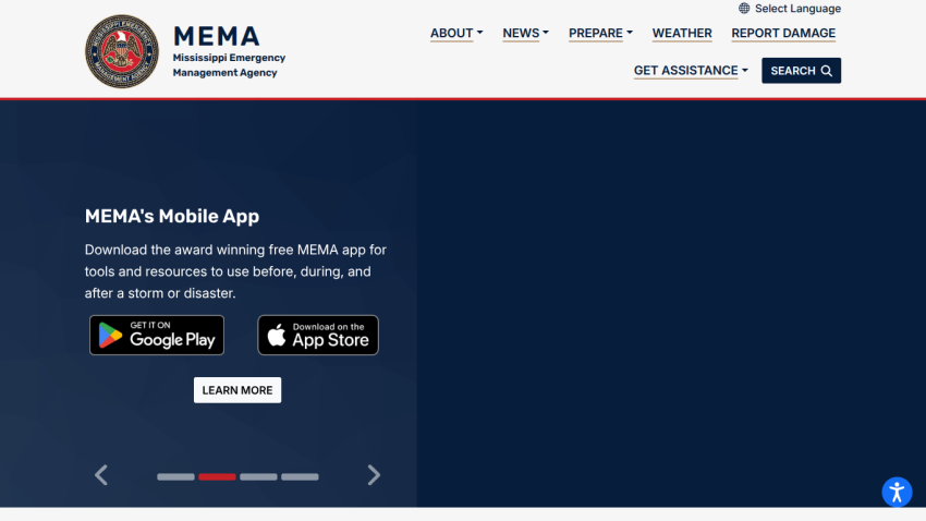 Mississippi Emergency Management Agency homepage promoting MEMA's mobile app with download links and navigation menu