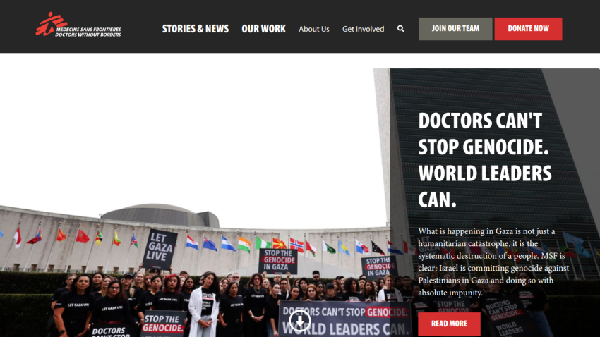 Doctors Without Borders homepage with protest image and message urging world leaders to stop genocide in Gaza