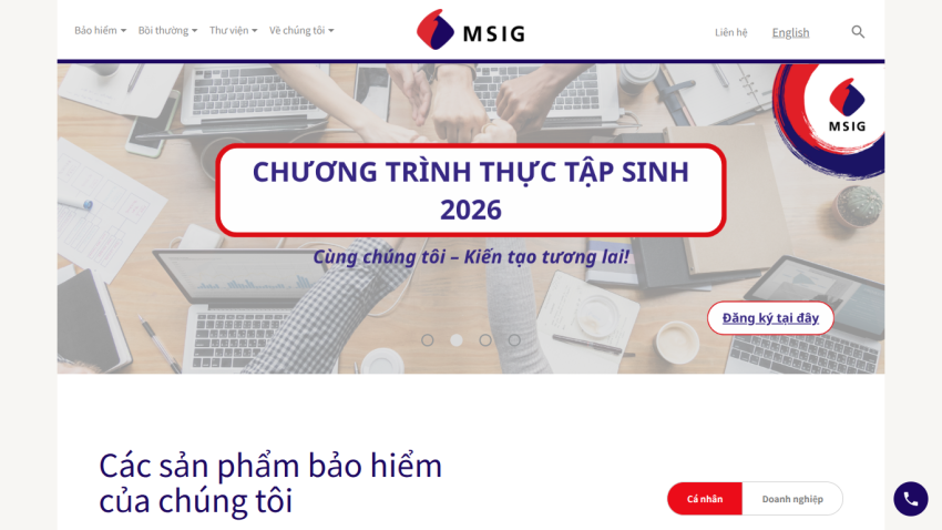 MSIG internship program 2026 promotion with registration link and insurance products section below.