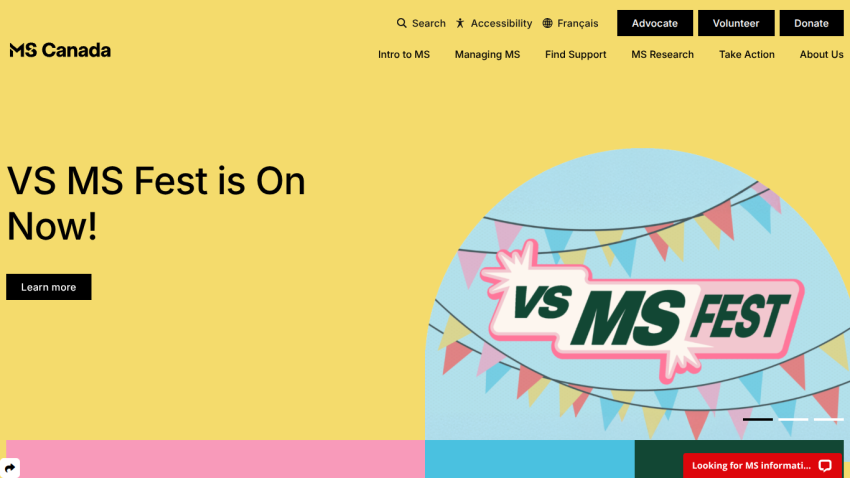 MS Canada homepage promoting VS MS Fest with navigation and call to action button