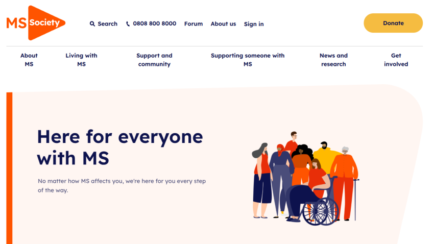 Homepage of MS Society featuring support information and a diverse group illustration.