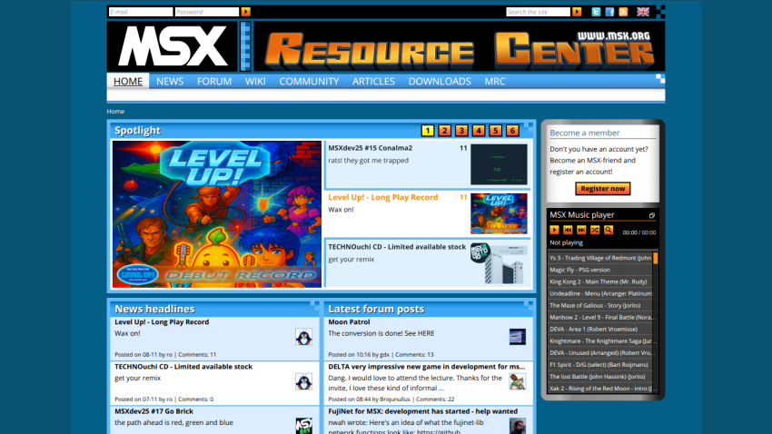 MSX Resource Center homepage with navigation, latest forum posts, and featured content about MSX games and resources