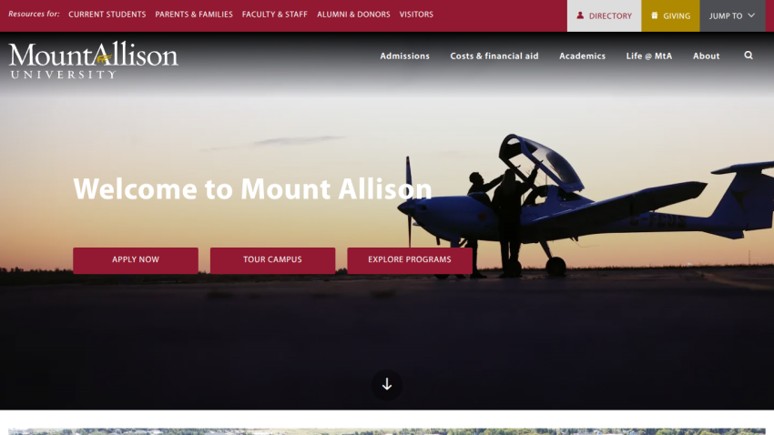 Homepage of Mount Allison University featuring a welcome message and navigation options.