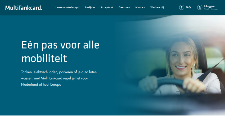 MultiTankcard homepage offering one card for all mobility needs across the Netherlands and Europe, with a smiling woman driving a car