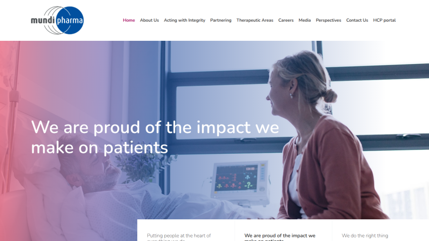 Mundipharma homepage with navigation and hero section stating pride in impact on patients, showing patient and visitor