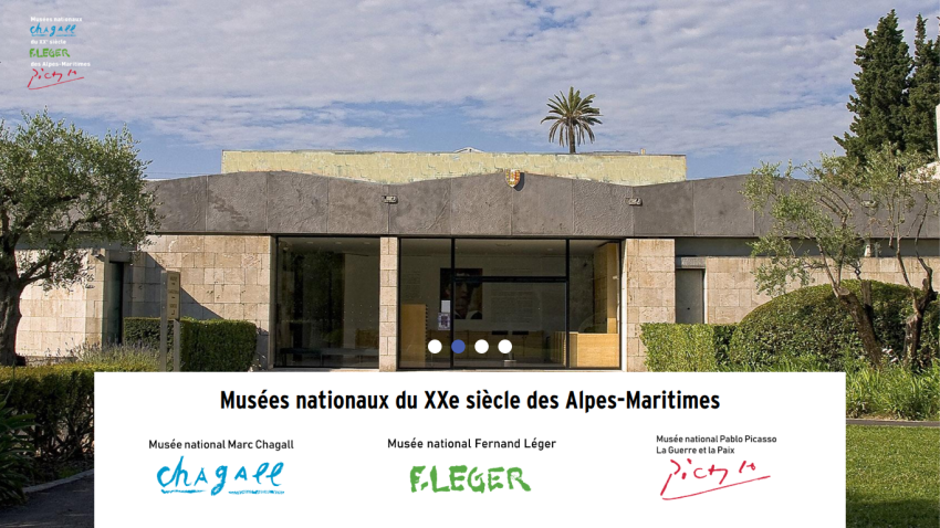 Entrance of a modern museum building with text about National Museums of the 20th century in Alpes-Maritimes and logos of Marc Chagall, Fernand Léger, and Pablo Picasso museums