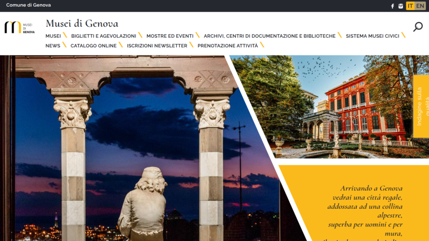 Musei di Genova website with navigation menu and images of Genova landmarks at sunset and daytime