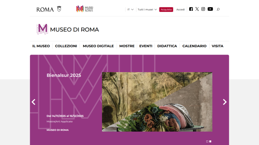 Museo di Roma website with navigation and Bienalsur 2025 exhibition announcement from Nov 14 to Dec 15, 2025.