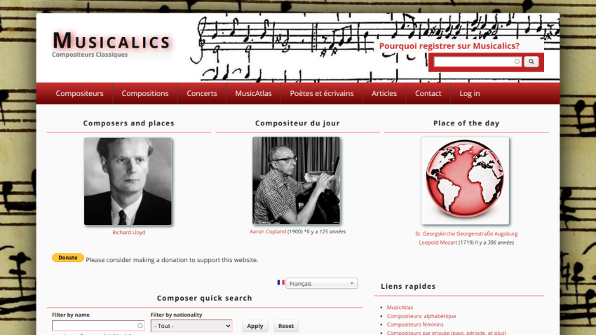 Musicalics website homepage with navigation tabs and sections for composers, competitions, and places of the day