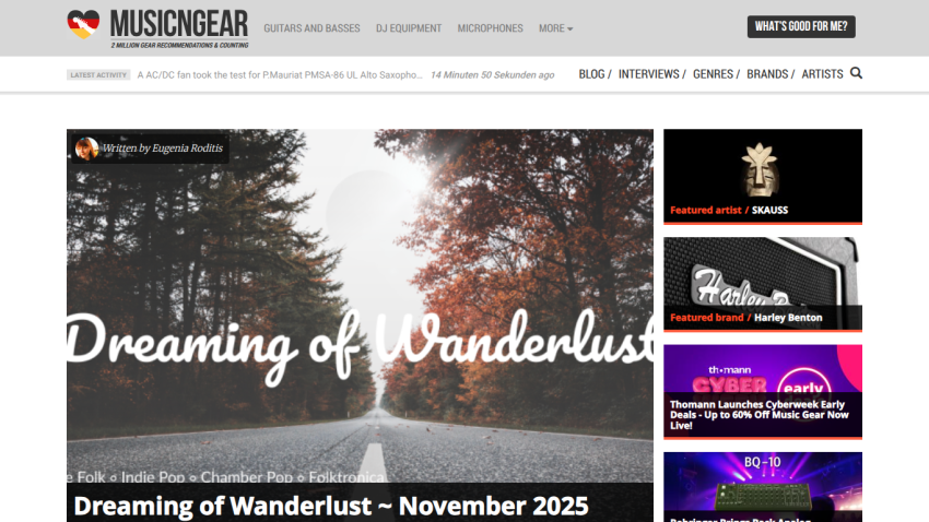 MusicGear homepage featuring a blog article titled Dreaming of Wanderlust with autumn road background and navigation menu
