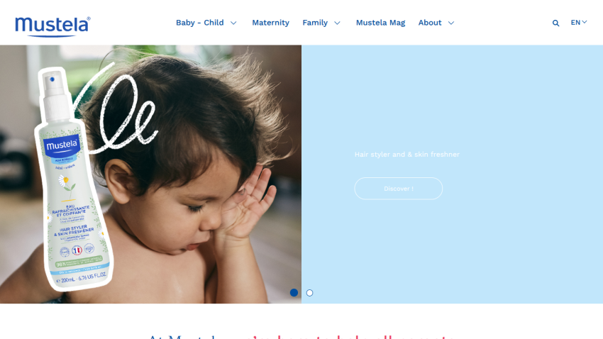 Mustela baby and child hair styler and skin freshener product with child image and navigation menu