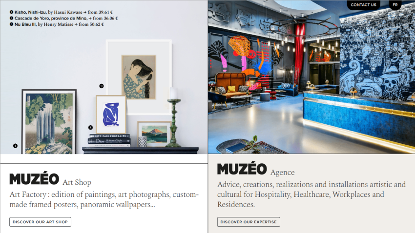Muzéo art shop and agency homepage showcasing framed artworks and a colorful modern interior with service descriptions and call-to-action buttons