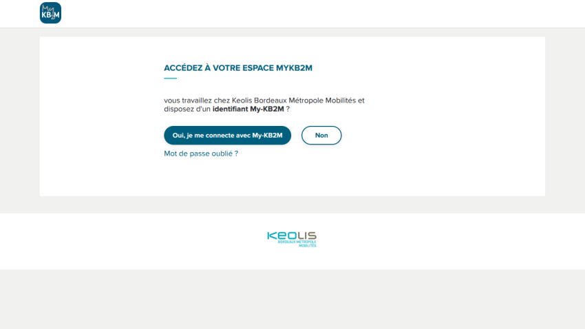 Login page for Keolis Bordeaux Métropole Mobilités employees to access My-KB2M space with connection options