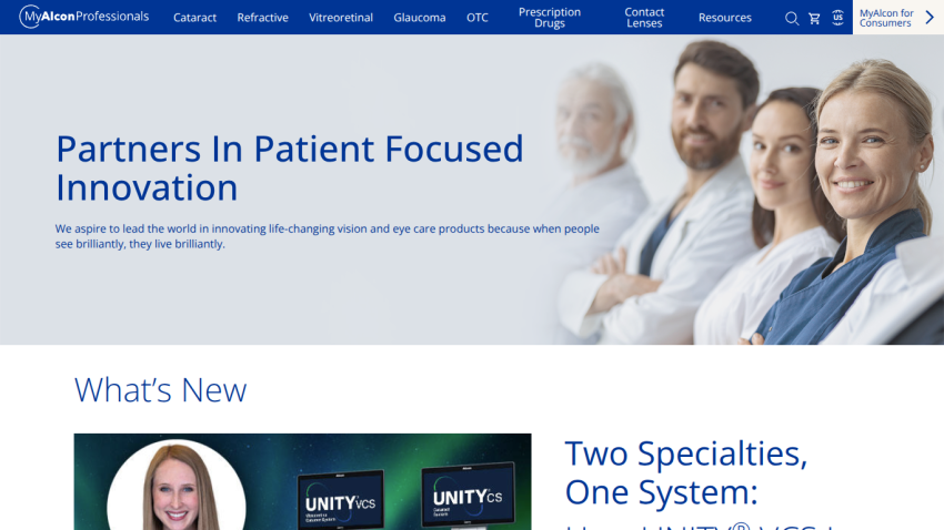 Website header featuring partners in patient-focused innovation with images of healthcare professionals.