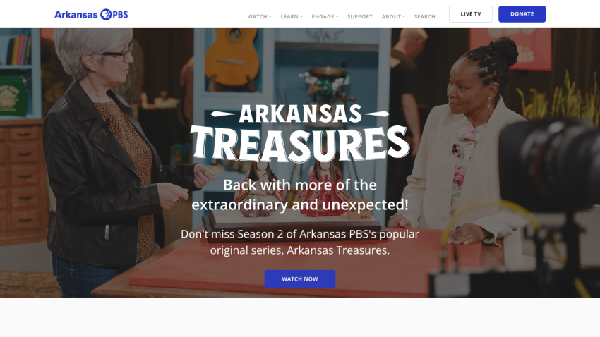 Arkansas PBS promotes Season 2 of Arkansas Treasures with a call to watch now and navigation options visible