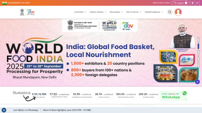 World Food India 2025 event details with statistics and promotional text.