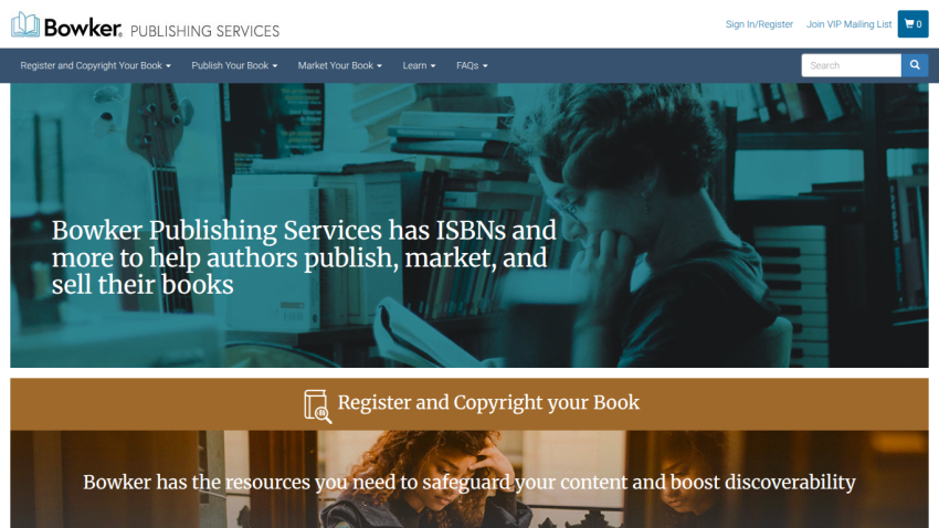 Bowker Publishing Services homepage with navigation and hero text about helping authors publish, market, and sell books