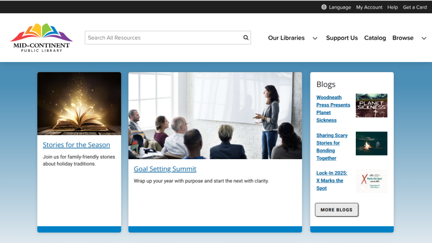 Mid-Continent Public Library homepage with search bar, event highlights, and blog links