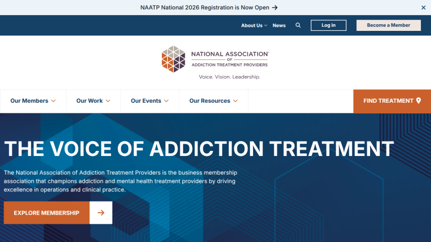 National Association of Addiction Treatment Providers homepage with navigation and call to explore membership