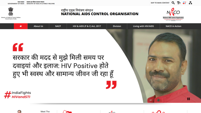 National AIDS Control Organisation website with a message about HIV positive individuals and a man's photo