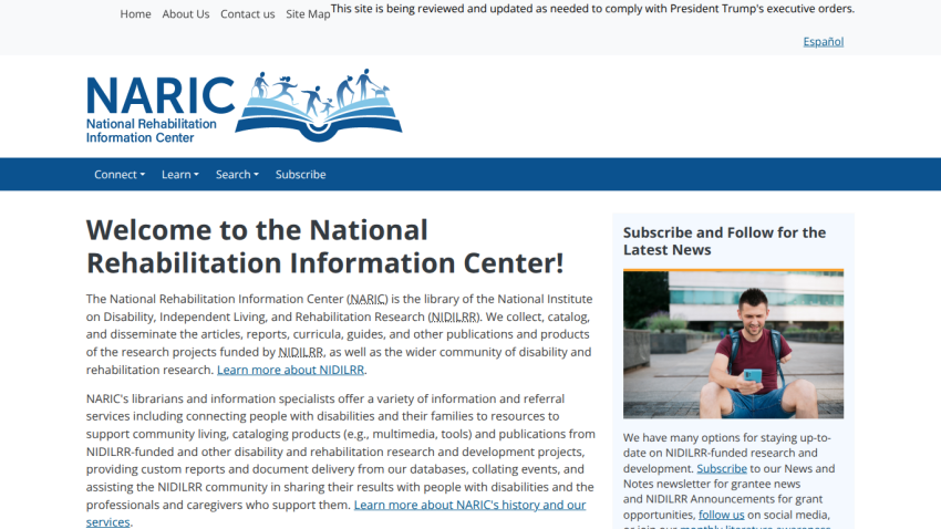 National Rehabilitation Information Center homepage with welcome message and subscription invitation