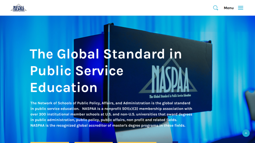 Homepage of NASPAA highlighting its role as the global standard in public service education with descriptive text