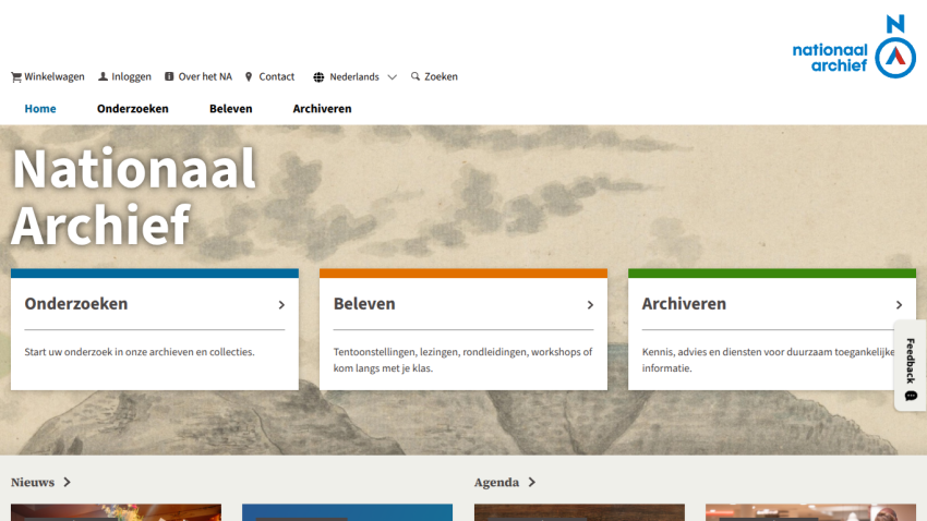 Homepage of Nationaal Archief with navigation options and featured sections.