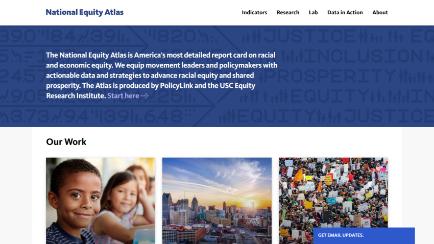 National Equity Atlas homepage with navigation and hero text about racial and economic equity report card, plus images under 'Our Work' section