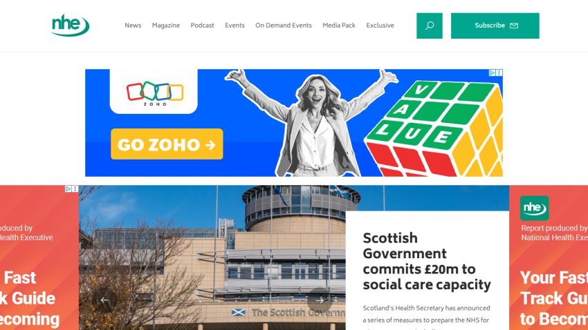 News website with headline on Scottish Government's £20m commitment to social care capacity
