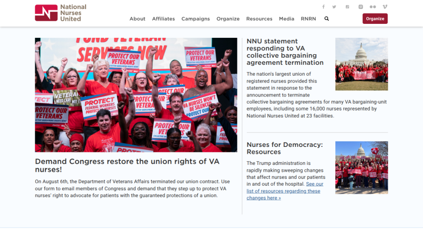 National Nurses United homepage featuring a rally for VA nurses with prominent text advocating for union rights.