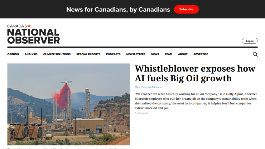 Article headline about AI's impact on Big Oil with accompanying image.