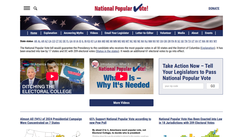 National Popular Vote website with navigation, explanation text, videos on electoral college, and call to action to tell legislators to pass the vote