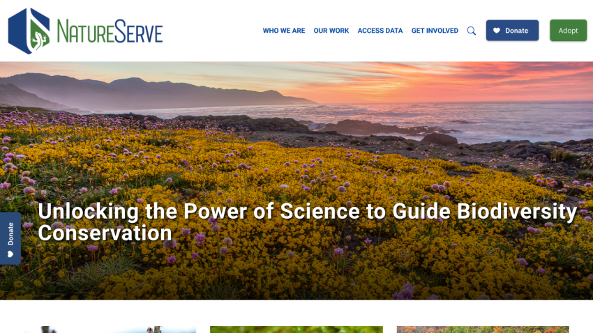 NatureServe homepage featuring a vibrant landscape and text about biodiversity conservation.