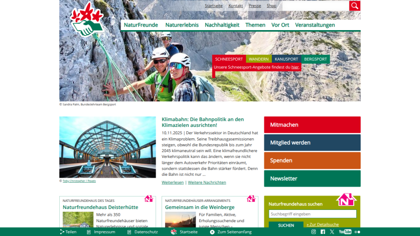 Website homepage with mountain climbing hero image, navigation menu, and sections on climate policy and membership options